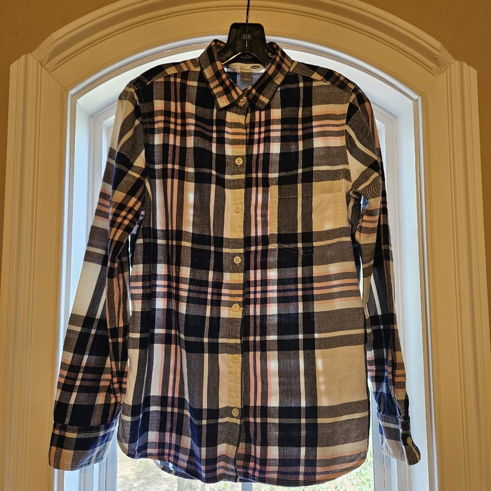 Old Navy Navy & Pink Flannel Button Up Shirt Sz Med